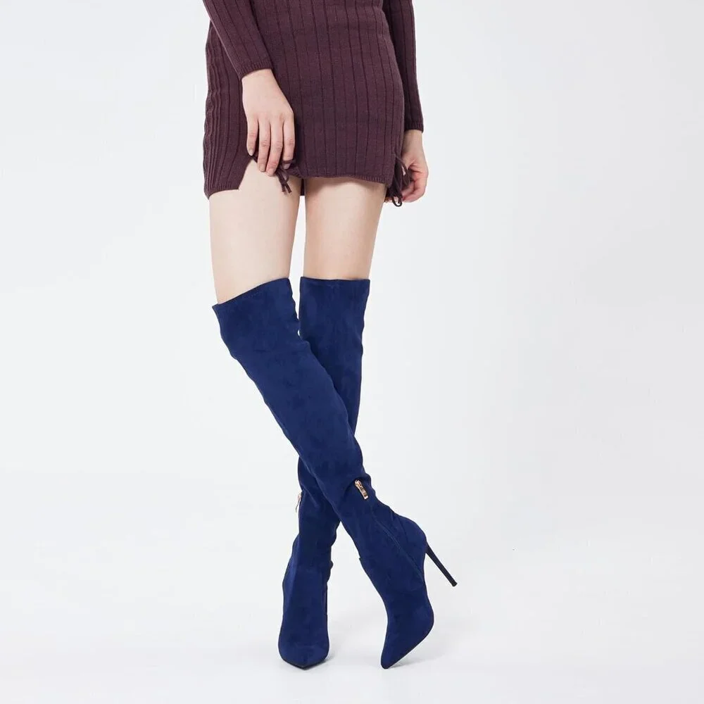 Women Navy Blue Suede Pointed Toe 4.3 inch Stilettos Thigh High Heels Boots